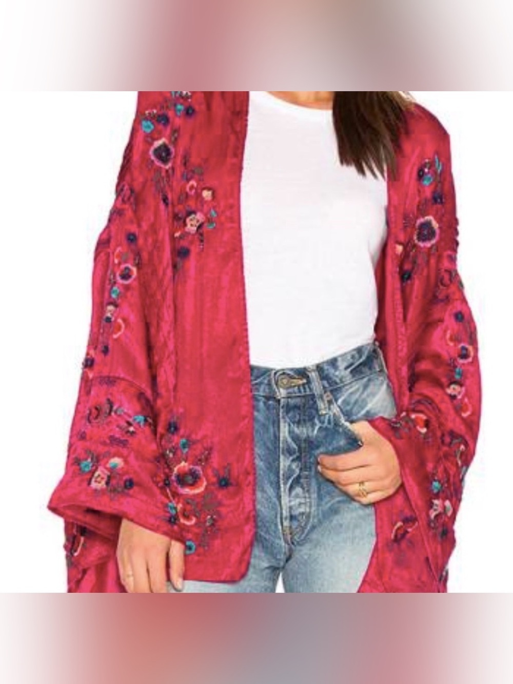 Free People Raspberry Embroidered Open-Front Kimono Cardigan